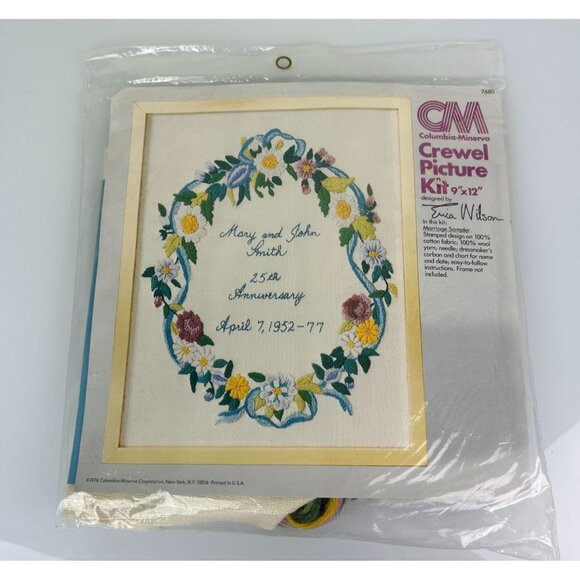 Vintage Columbia Minerva Crewel Craft Kit Marriage Sampler 1976 Floral - Picture 2 of 13